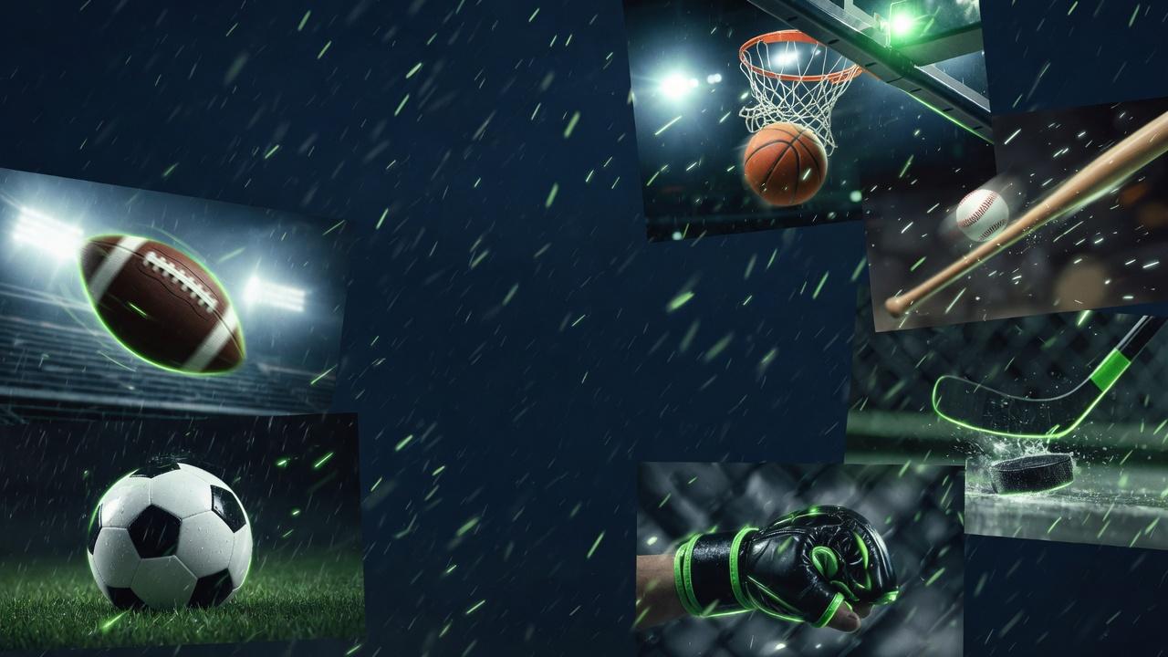 Multi-sport collage: football, basketball, baseball, hockey, soccer, MMA